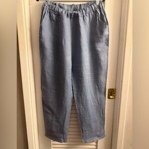 Belle France Size Medium Elastic Waist Sky Blue Cropped Linen Pants